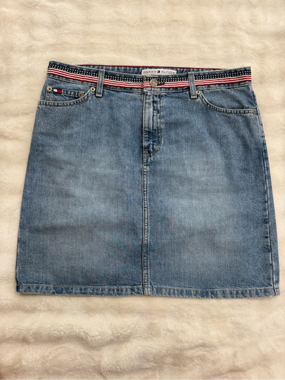 Vintage Tommy Hilfiger Y2K Denim Mini Skirt Ribbon Waist Size 8